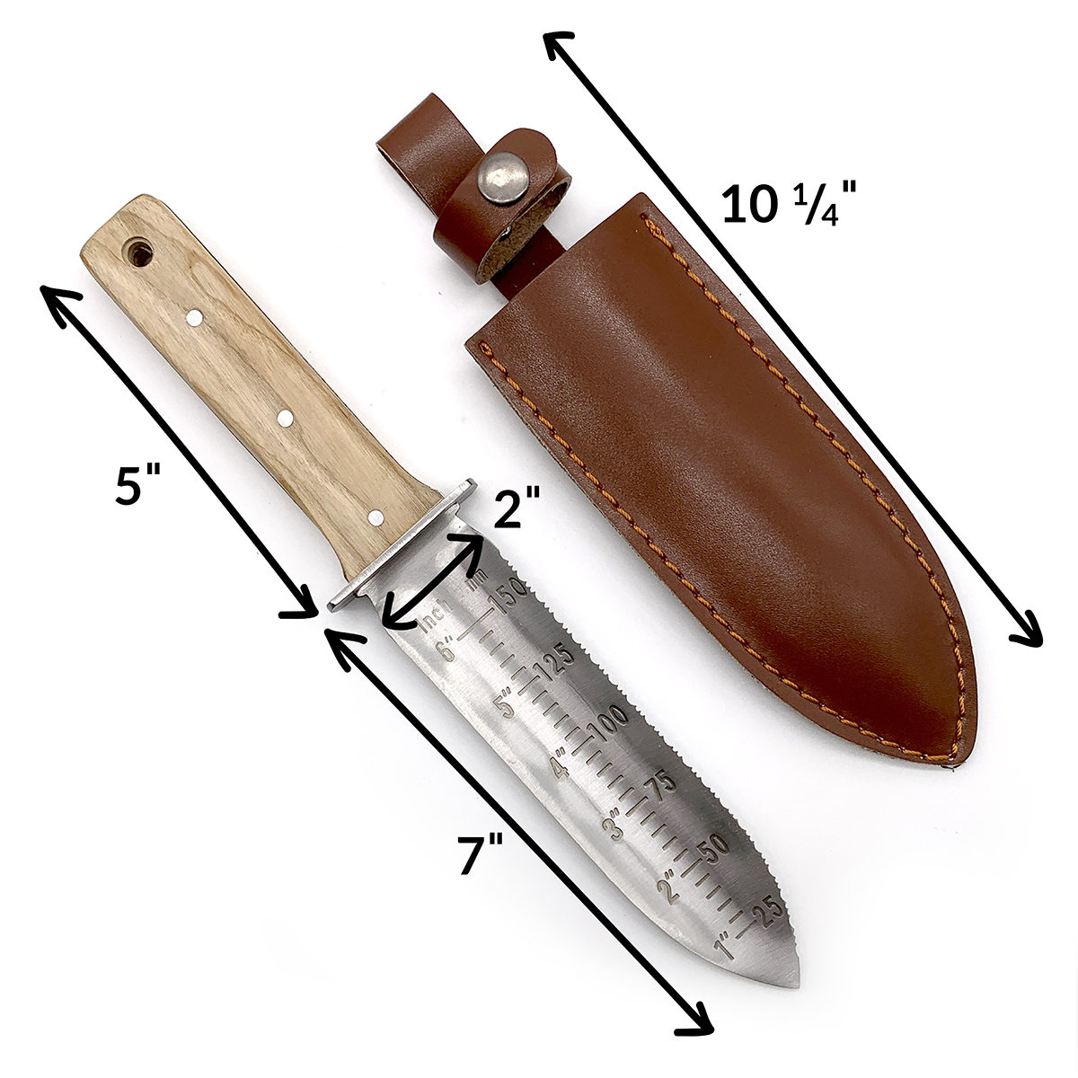 A hori hori garden knife with a wood handle and a stainless steel blade, accompanied by a brown leather case.